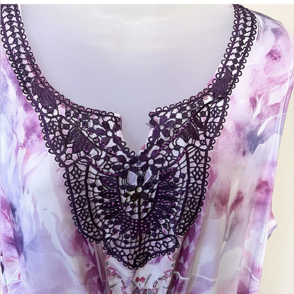 World Unity 2X Midi Dress Embellished Neck Purple Sheer Hem Crotchet Tie Dye - Picture 4 of 11